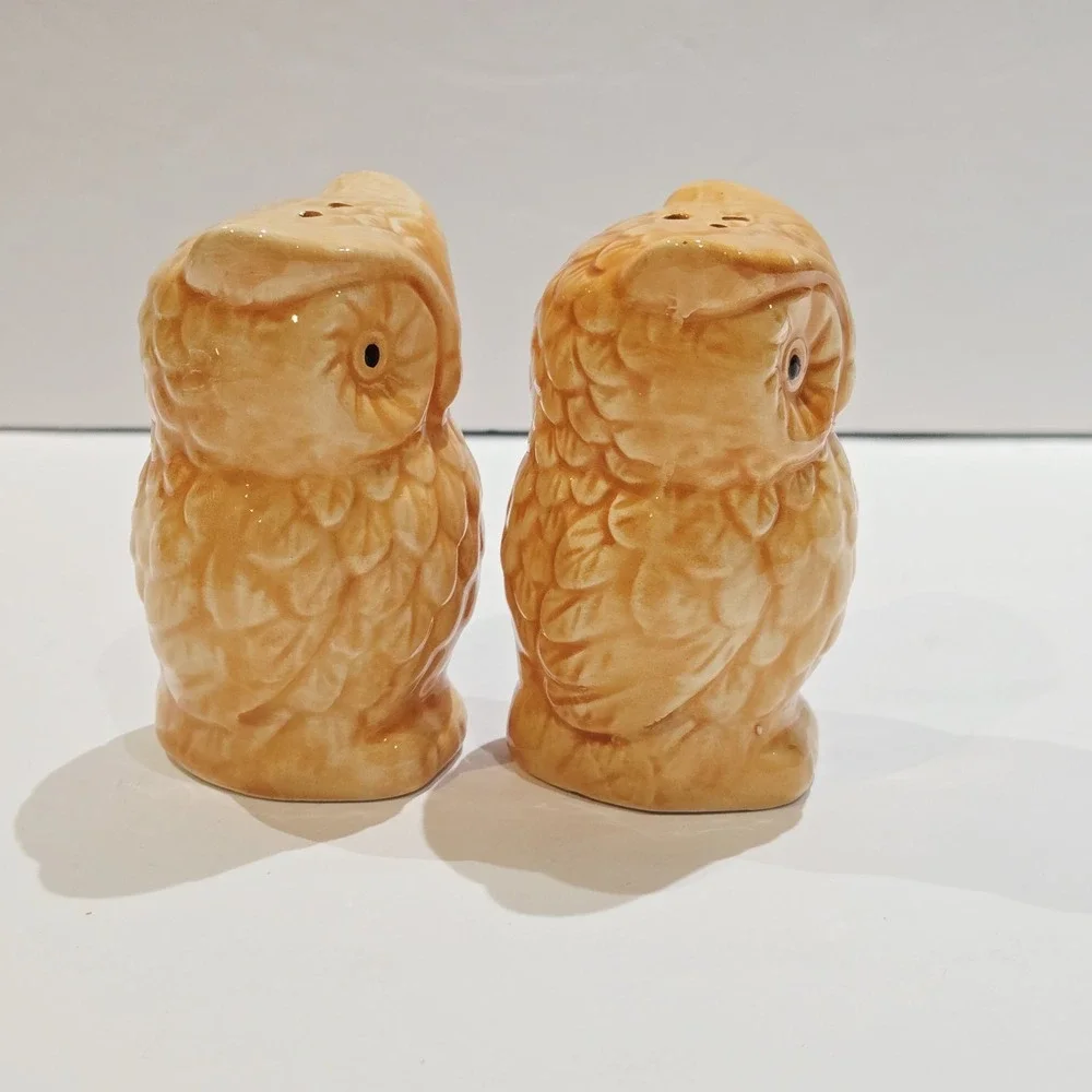 Ceramic Owl Salt & Pepper Shakers New Beige Orange 3