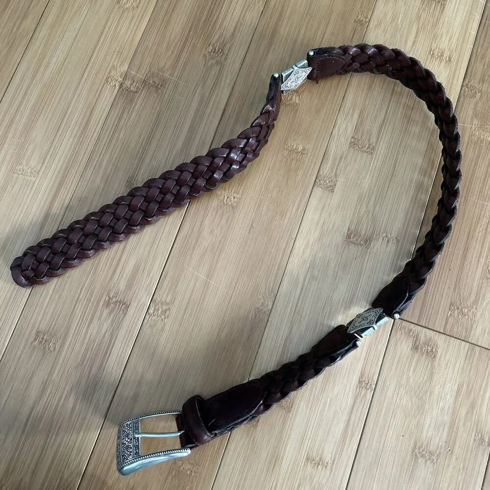 Fossil Women’s Brown Leather Braided Belts Silver Buckle Small Boho Cowgirl