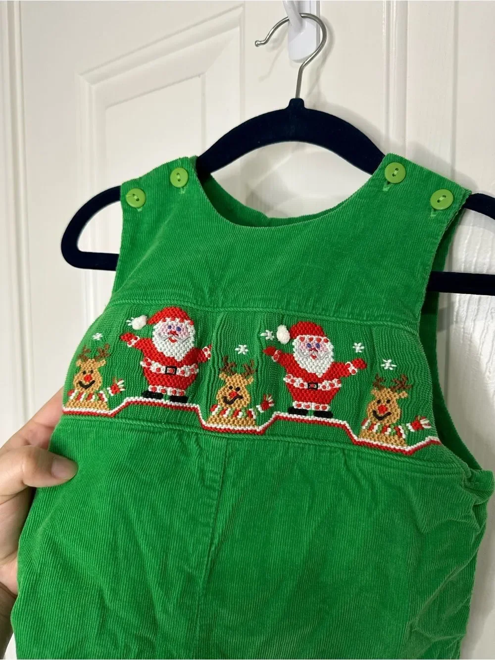 Velani Classics Kelly Green Corduroy Santa Rudolph Reindeer Smocked Overalls 6M