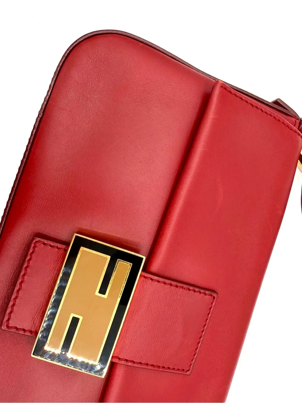 Fendi Red Leather Baguette Shoulder Bag with Gold Hardware