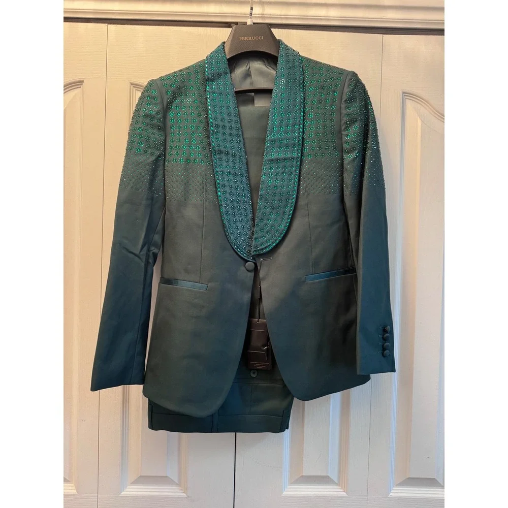 Ferrucci Mens Green Rhinestone Tuxedo Suit Set Jacket 40 Pants 34 wedding, dance