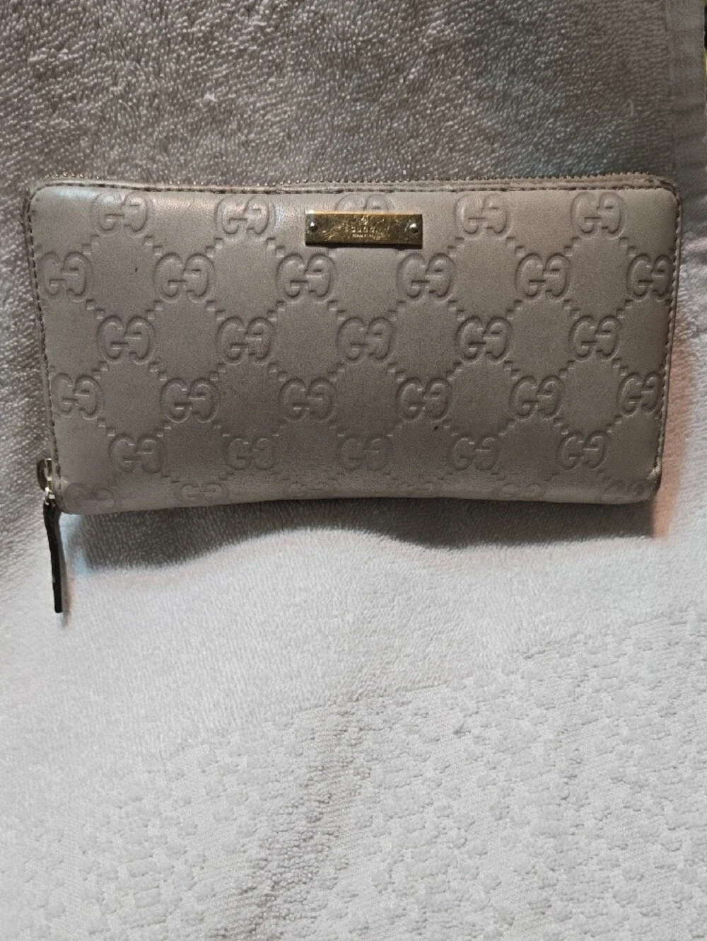 Gucci Taupe Embossed GG Zip-Around Leather Wallet with Gold Plate