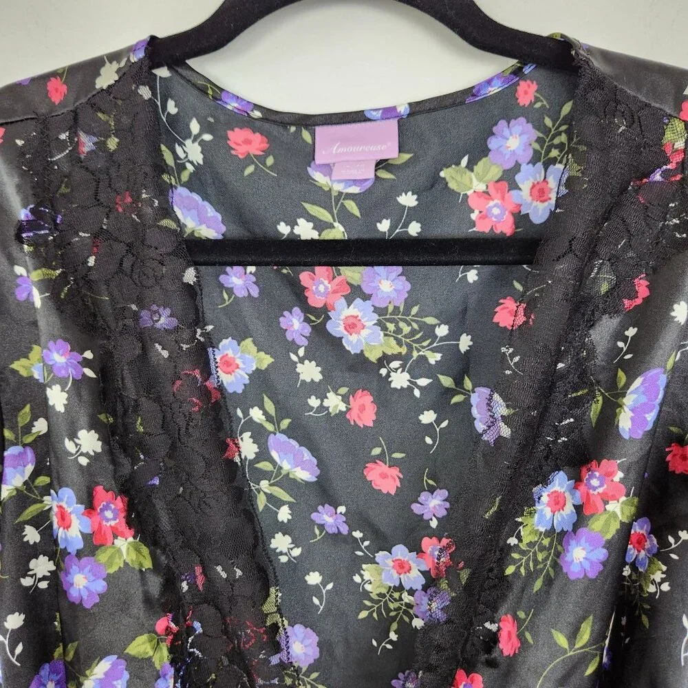 Amoureuse Black Satin W Purple Red White Flowers Black Lace Trim Peignoir Set Lg