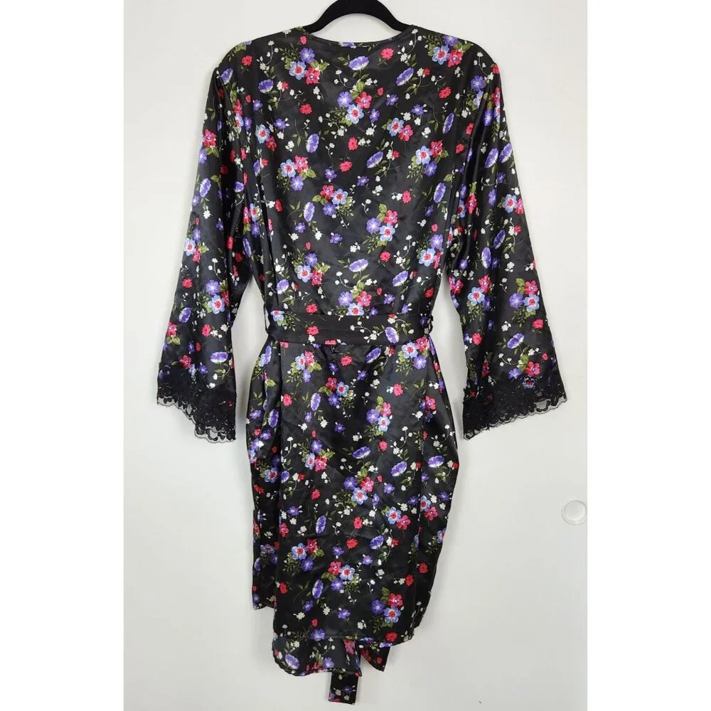 Amoureuse Black Satin W Purple Red White Flowers Black Lace Trim Peignoir Set Lg