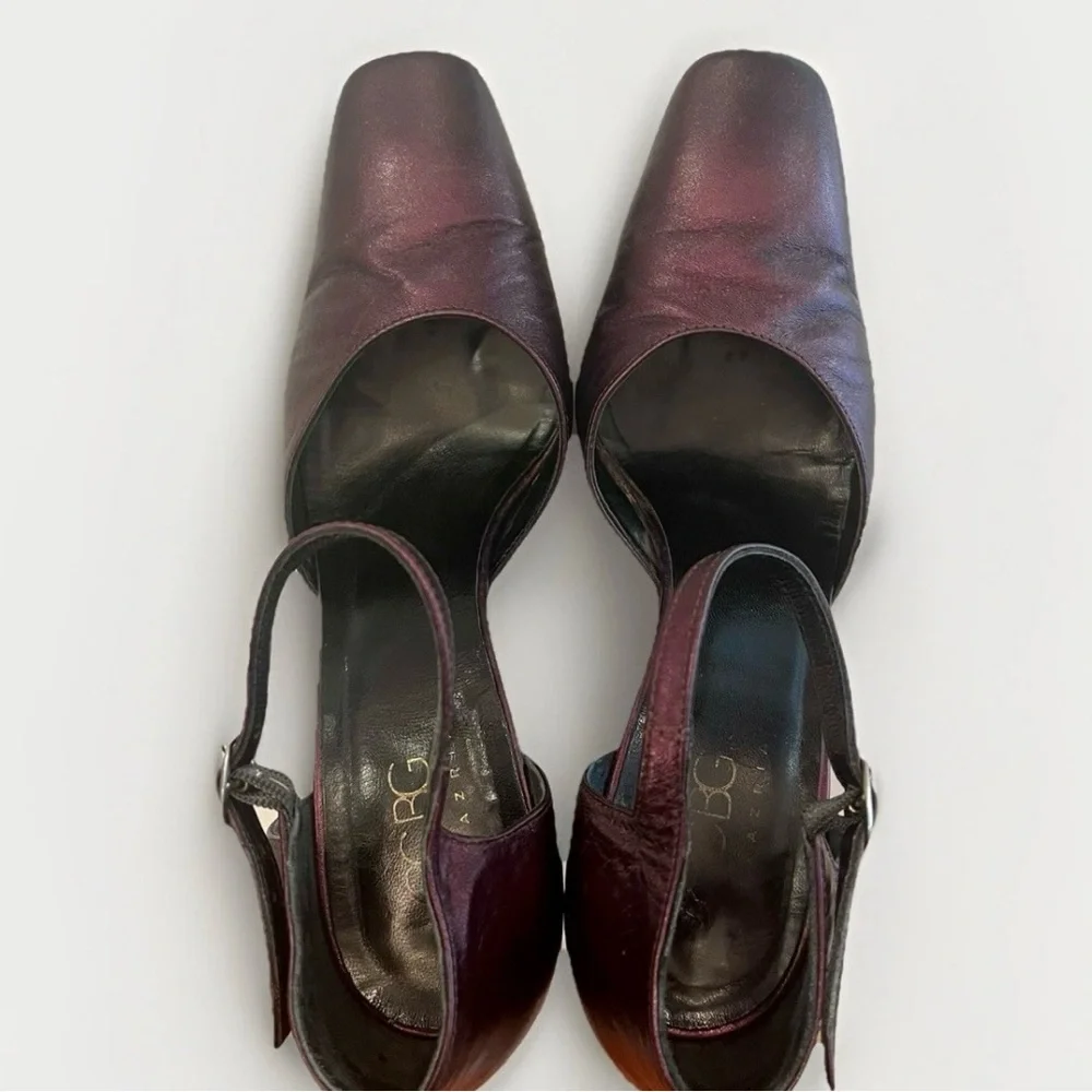 BCBG Max Azria Metallic Plum Italian Leather Heels With Strap - Size 8