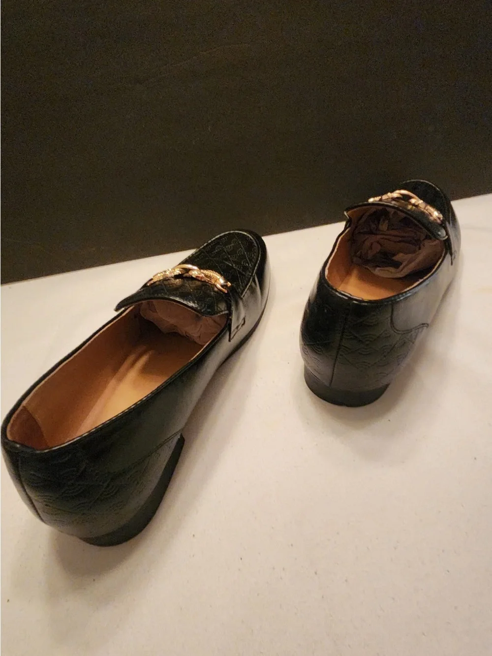 Meijiana Men's Black Quilted Slip-On Loafers with Gold Chain Accent