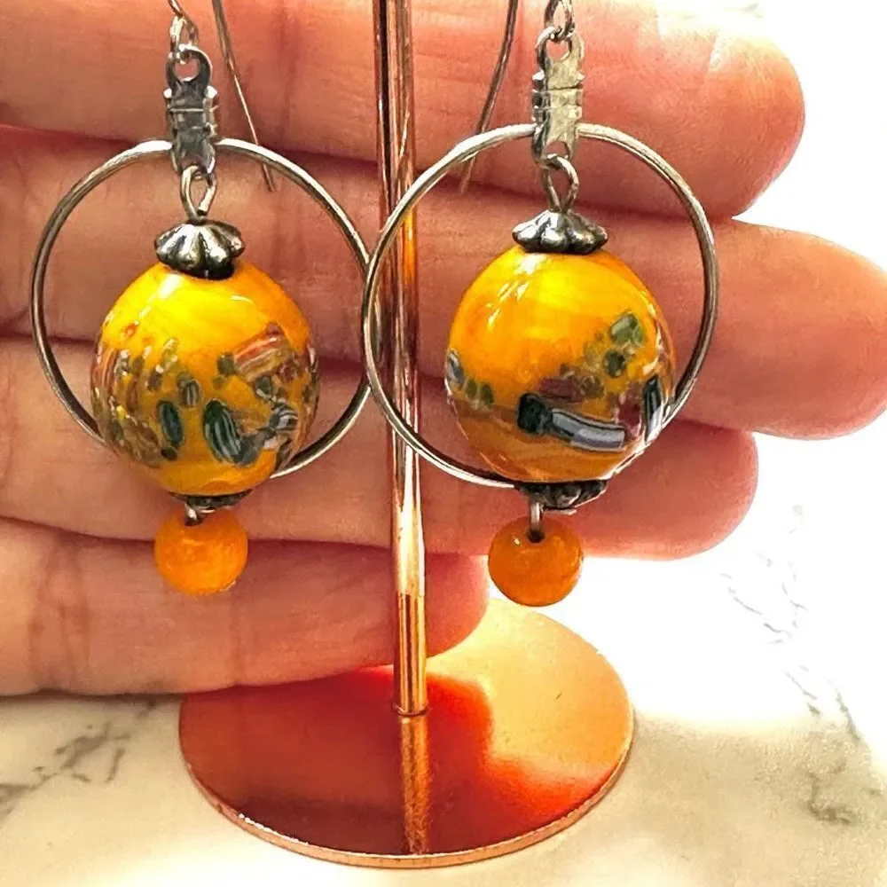 Silver tone orange beaded drop earrings silver tone