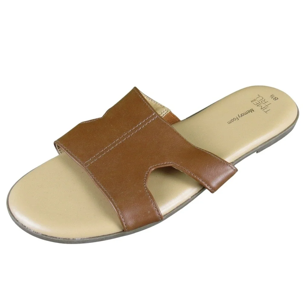 Time & Tru Women's 8.5 Brown Synthetic Slide Sandals Memory Foam Casual Comfort