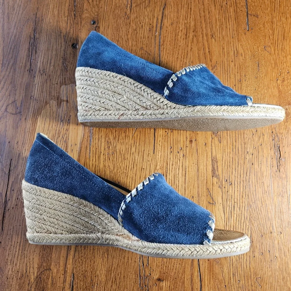 Jack Rogers Palmer Suede Espadrille Wedge‎ Sandals Blue Gold Trim Size 7.5M