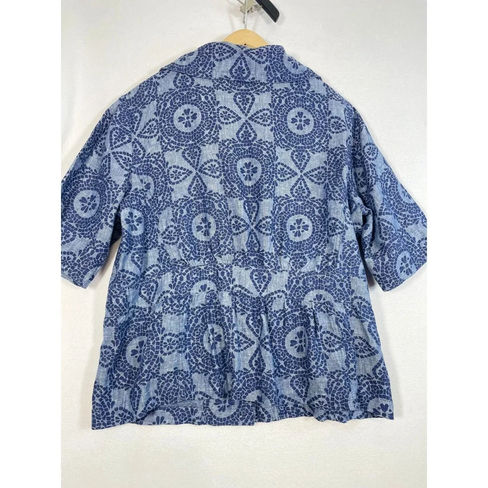 JM Collection Women Blazer Jacket 16  Blue Linen Floral Button Down Short Sleeve