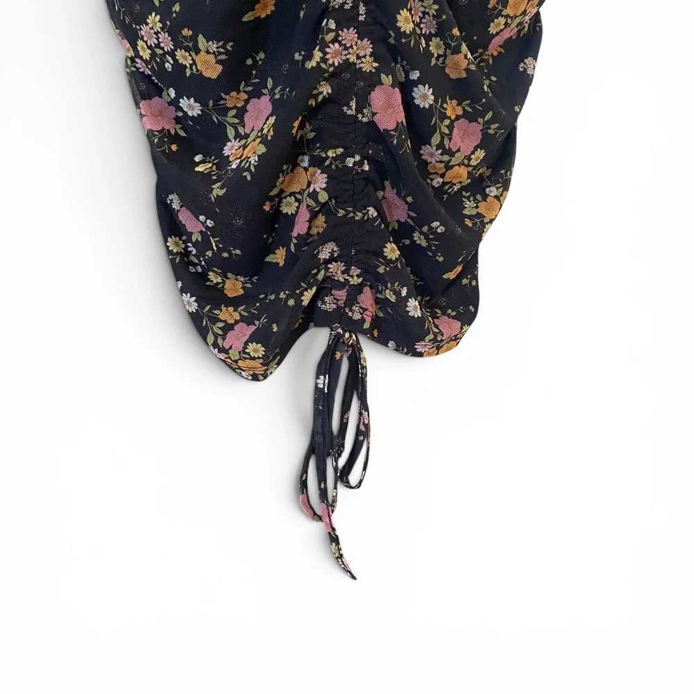 Forever 21 Knit Dress Women Medium‎ Black Floral Ruched Mesh Bodycon V-Neck NWT