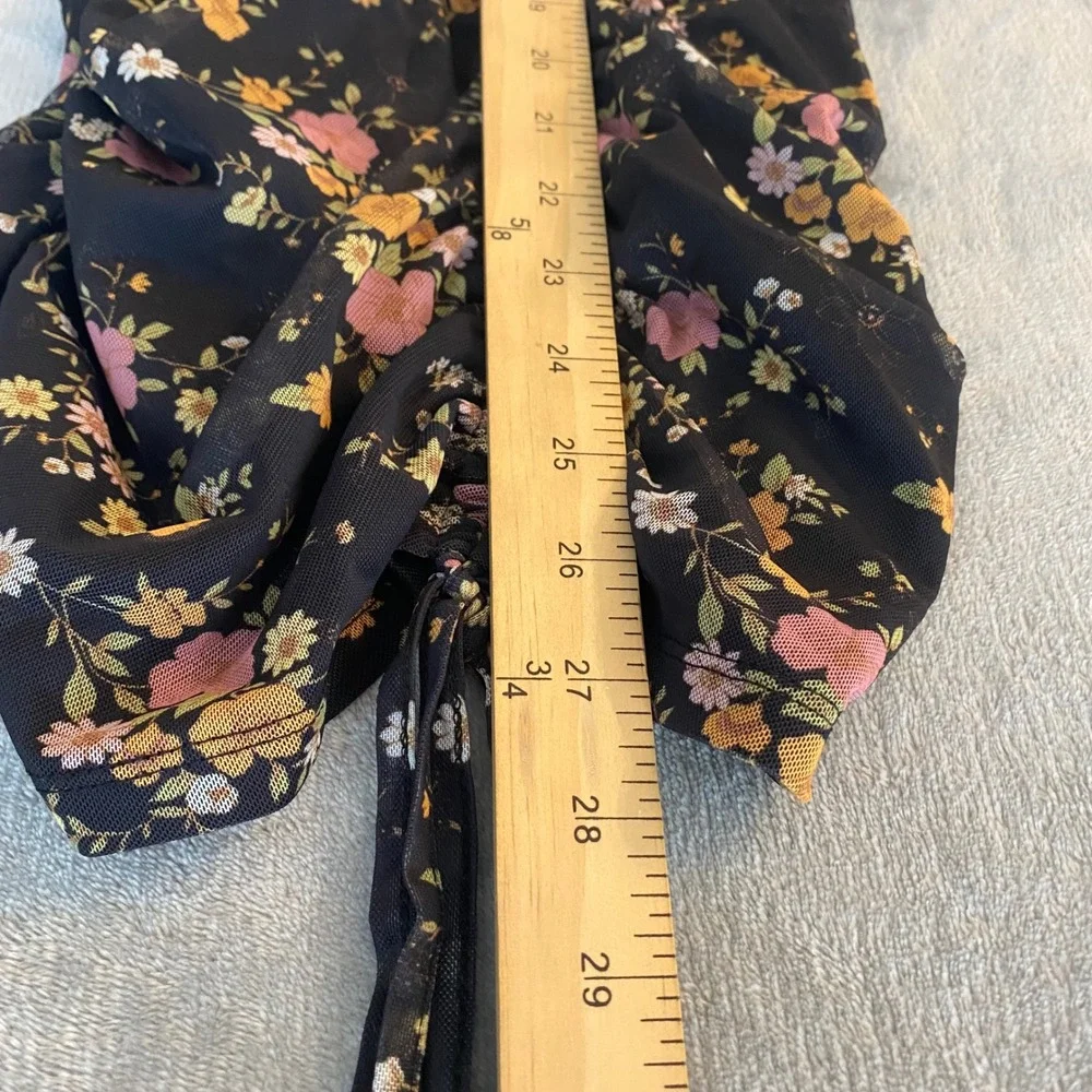 Forever 21 Knit Dress Women Medium‎ Black Floral Ruched Mesh Bodycon V-Neck NWT