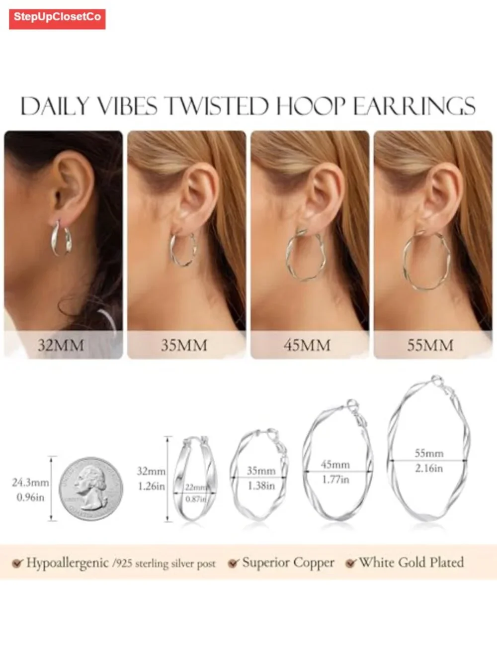 Twisted Hoop Earrings Sterling Silver Post Hypoallergenic Big 32mm