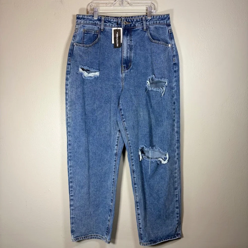 PrettyLittleThing Petite Mid Blue Wash Open Knee Boyfriend Jeans US 10‎ NWT