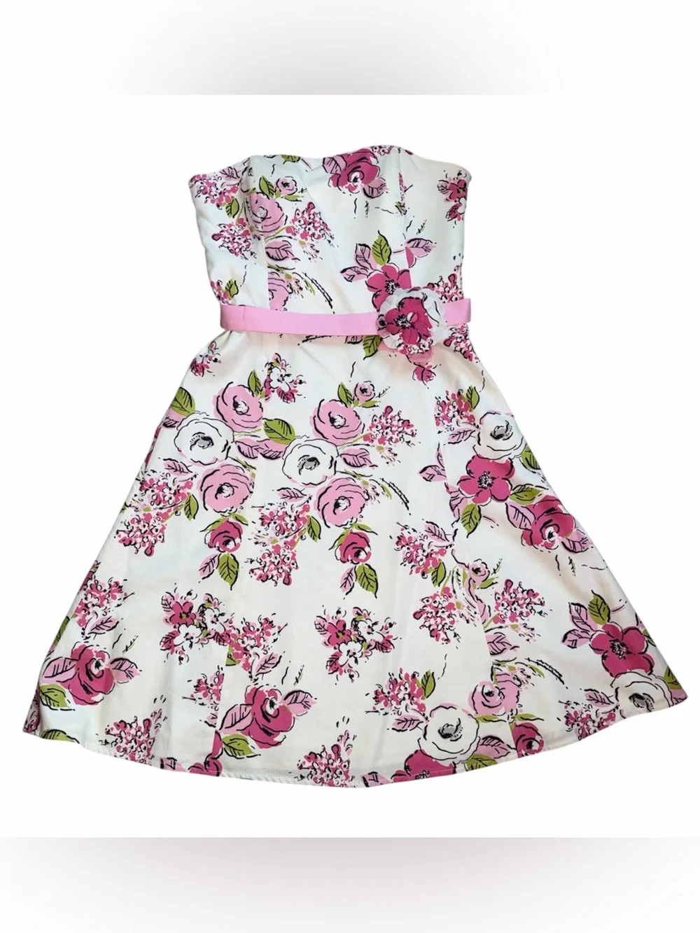 VINTAGE LOFT Cream Pink Green Floral Strapless Fit & Flare Dress Silk Cotton 4
