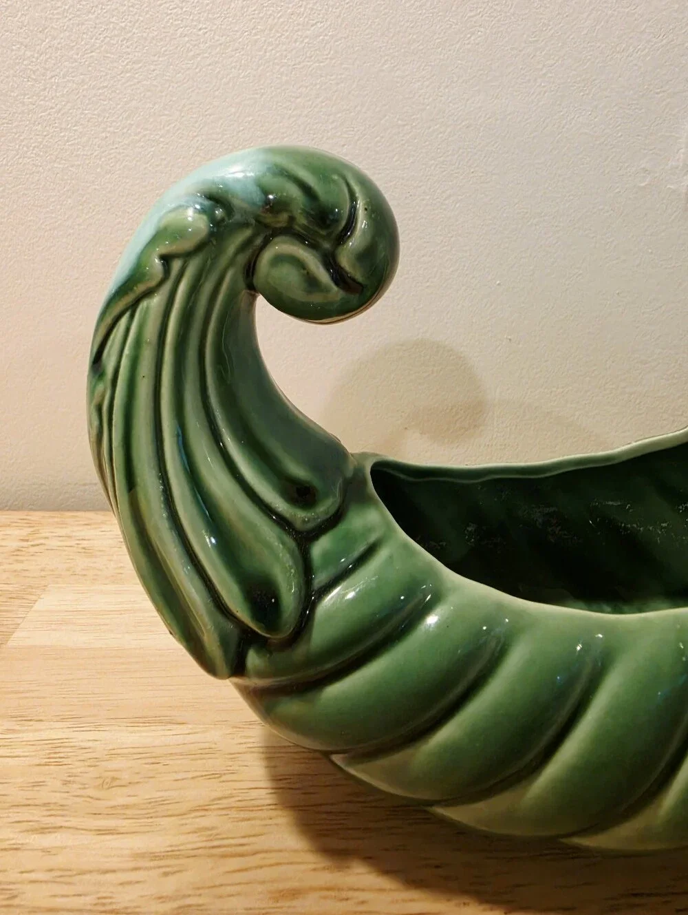 Vintage Mid Century Cornucopia Planter Glazed Green Ceramic Flower Pot