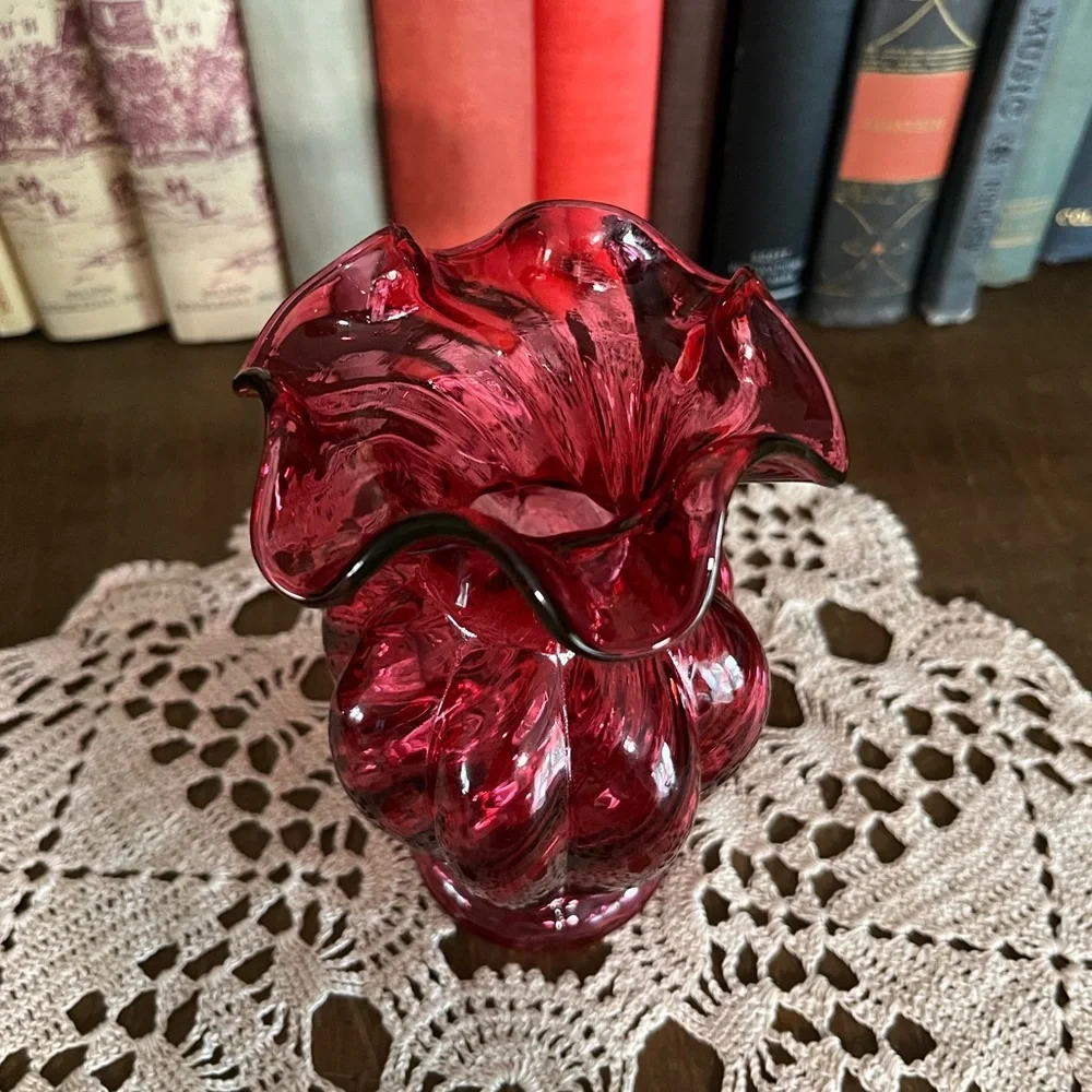 Vintage Fenton Cranberry Glass Ruffled Vase Swirl Optic Ruby Red Bud Vase 1970s