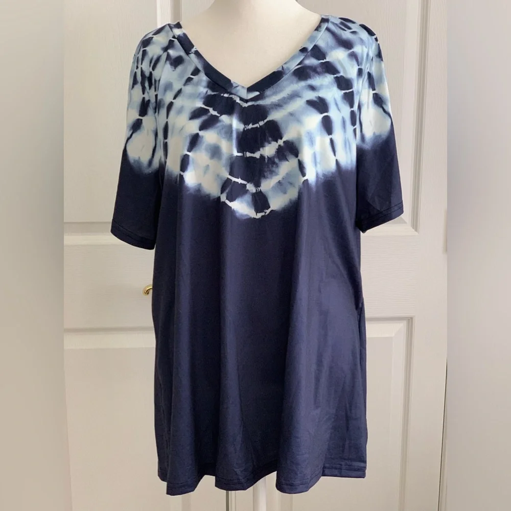 BLOOMCHIC Women’s Navy Blue White Tie-dye Short Sleeve T-shirt Tee Shirt