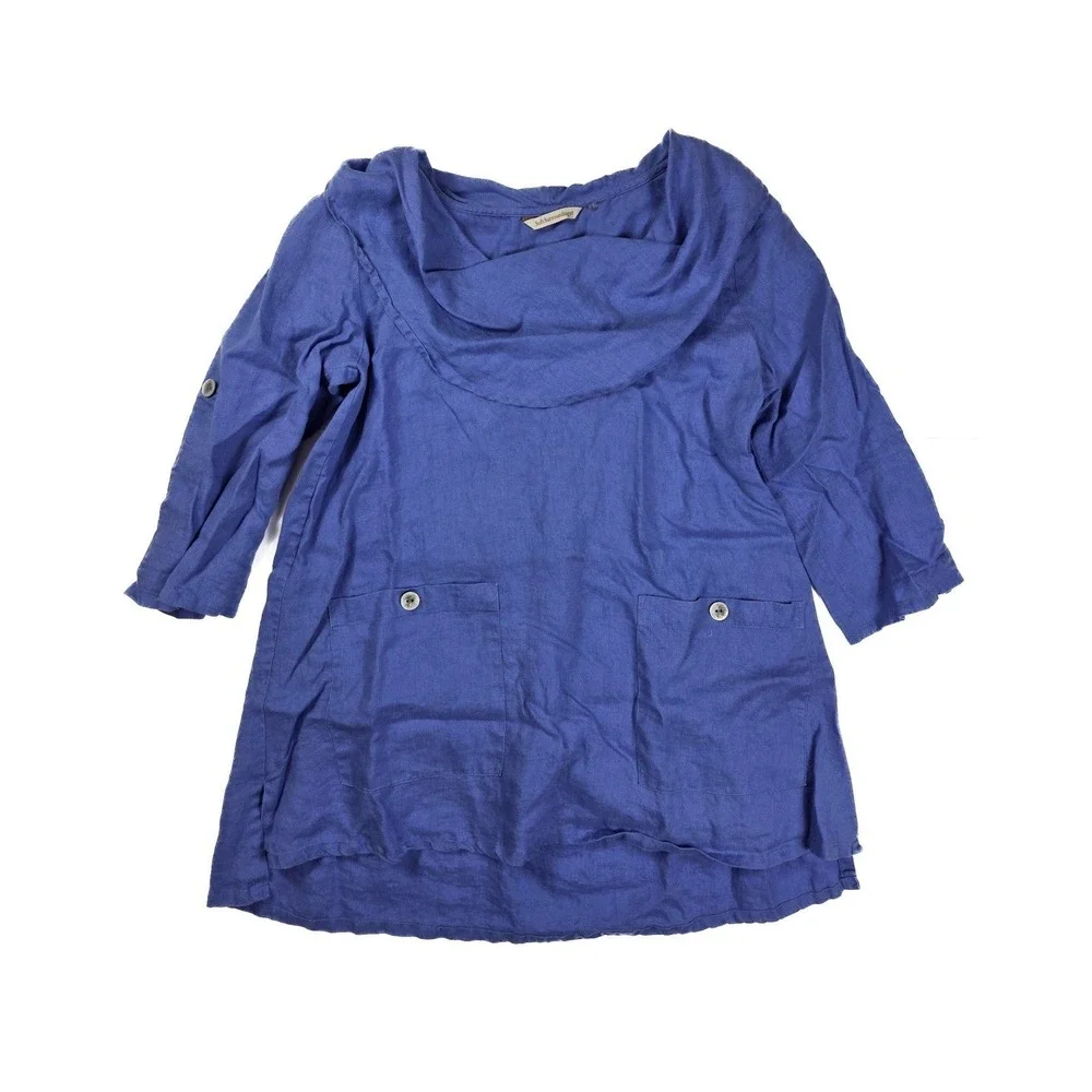 Soft Surroundings Blue‎ Linen Blend Mayfield Cowl Neck L/S Tunic Women's Size M