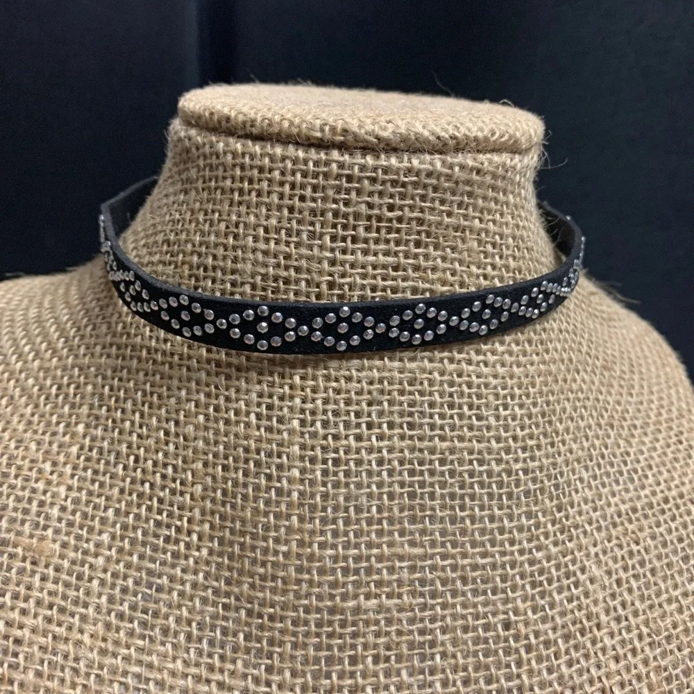 Black Faux Suede Choker Necklace Silver Studded Adjustable Lobster Clasp 14 Inch