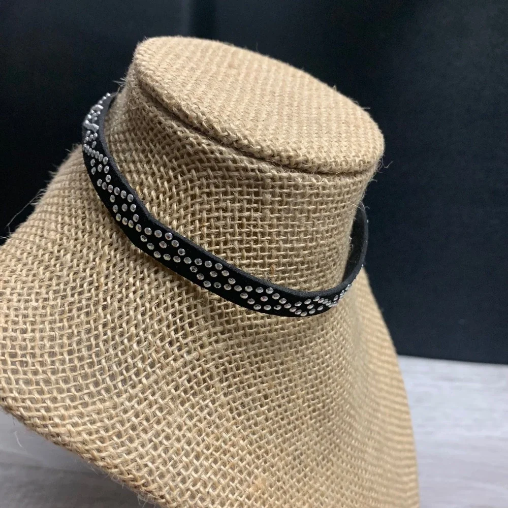 Black Faux Suede Choker Necklace Silver Studded Adjustable Lobster Clasp 14 Inch