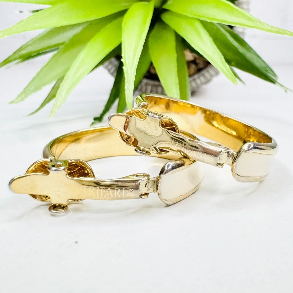 Vintage 90s Trifari Cream Enamel Classic Gold Tone Wide Hoop Clip On Earrings