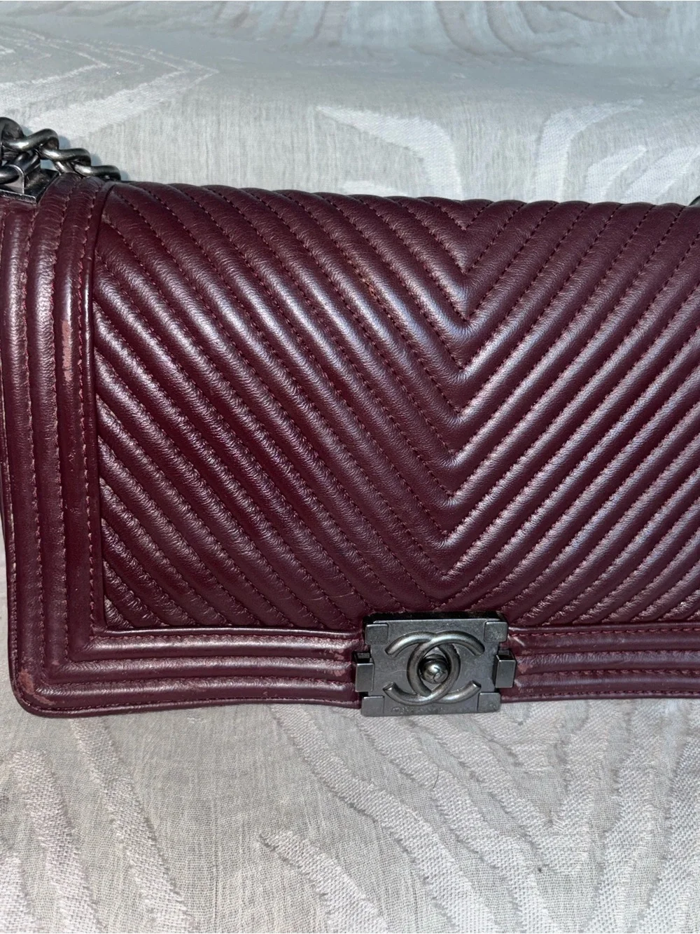 CHANEL Boy Chevron Quilted Shoulder Bag in Deep Wine