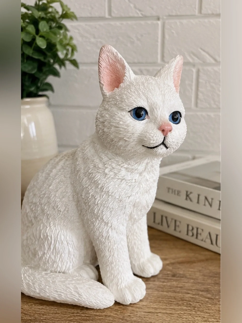 Vintage White Cat Figurine Blue Eyes Pink Ears Collectible Decor