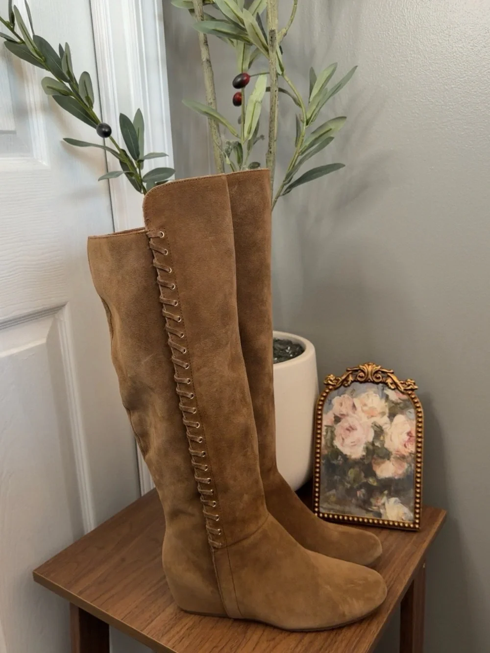 Isola Tavares Brown Suede Knee High Wedge Boots Whipstitch Boho Size 6.5