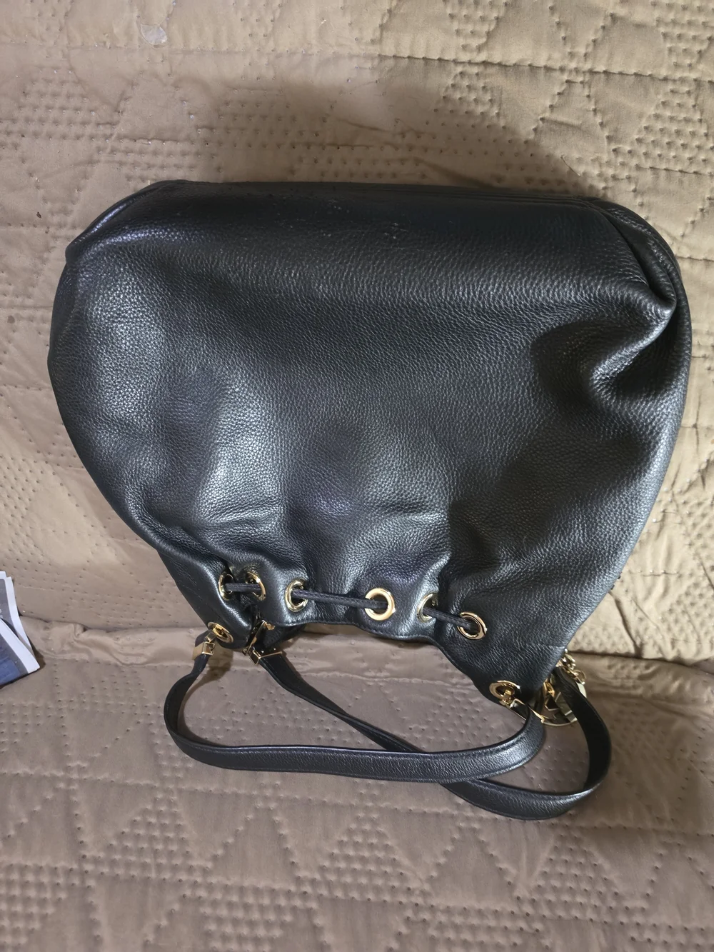 Michael Kors Black Pebbled Leather Shoulder Tote with Gold Hardware