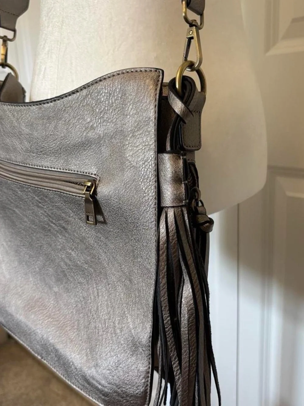 Taupe Fringe Hobo Shoulder Bag with Adjustable Strap