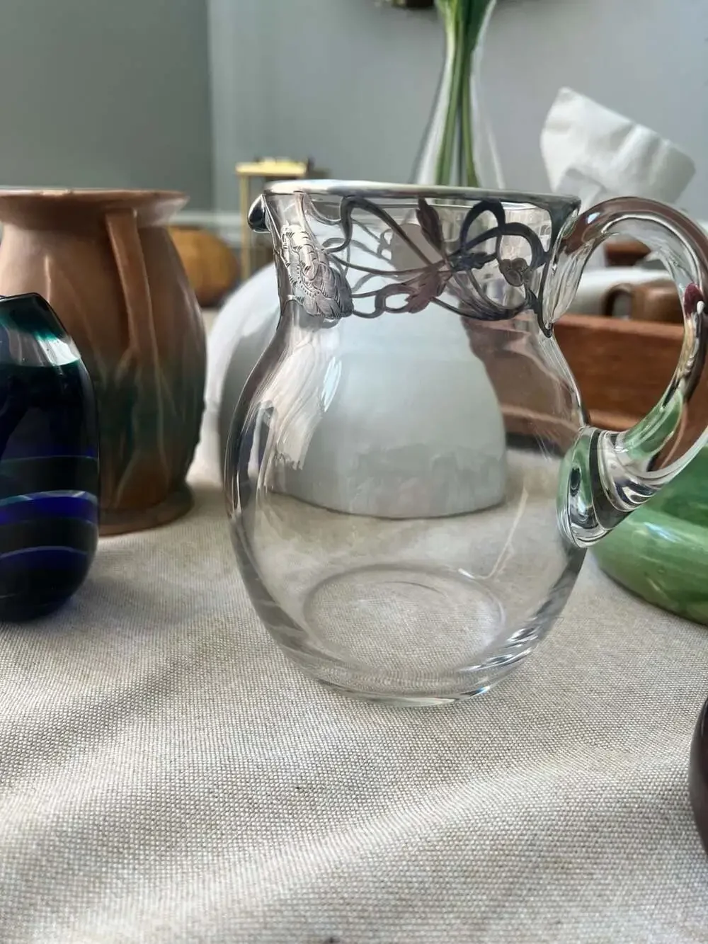 Antique Art Nouveau Sterling Silver Overlay Frosted Glass Water Pitcher