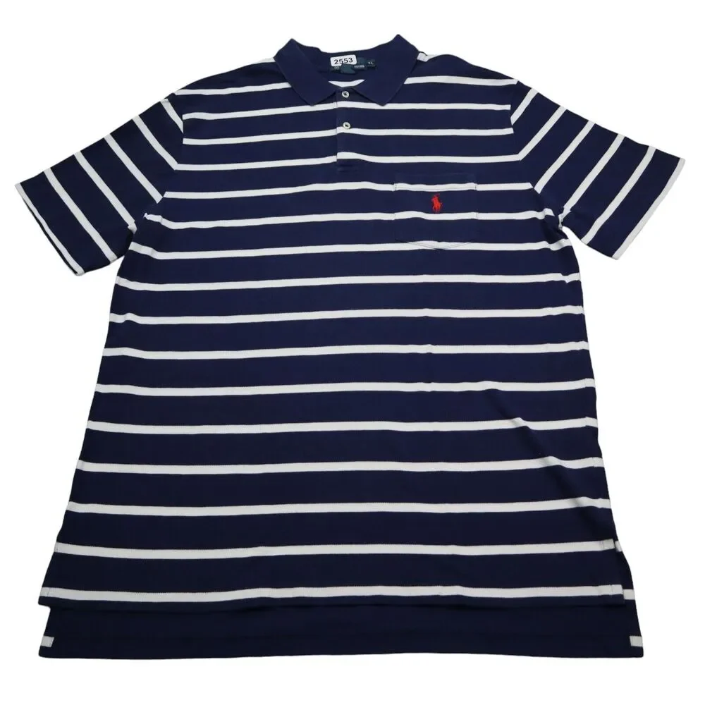 Polo Ralph Lauren Shirt Mens XL Blue Striped Red logo Rugby Golf Short Sleeve