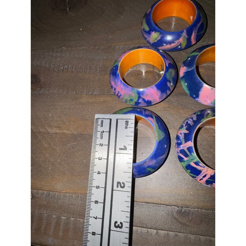Simplex International Blue Abstract Splatter Wood Napkin Rings Set of 5 India