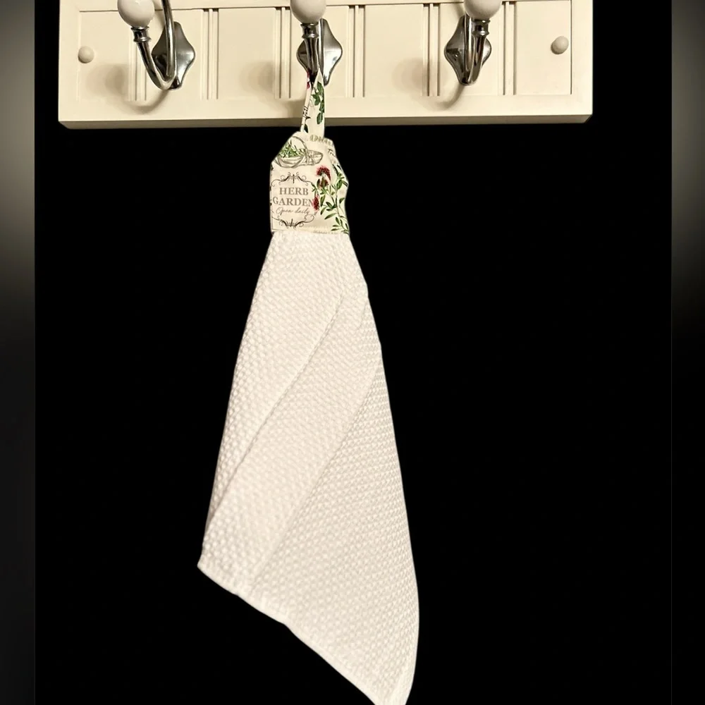 Hand Crafted Garden Herbs White Hanging Kitchen Hand Towel 100% Cotton