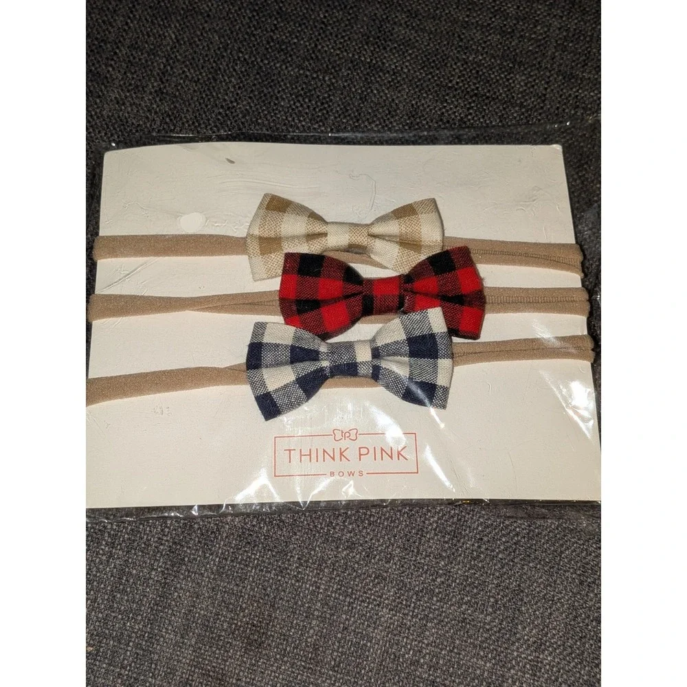 Think‎ Pink Bows Baby Headbands 3-Pack Plaid Bows Soft Newborn Headbands