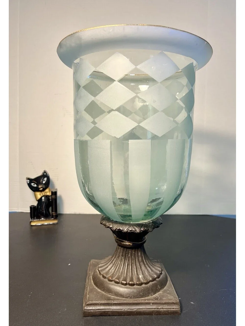 Vintage 1980s Harlequin Candle Holder Vase Urn Cut Glass Bronze Pedestal, 9x15”