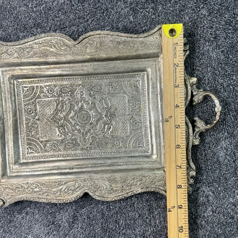 Vintage Ornate Silver Tone Serving Tray Embossed Floral Handles Footed Persian