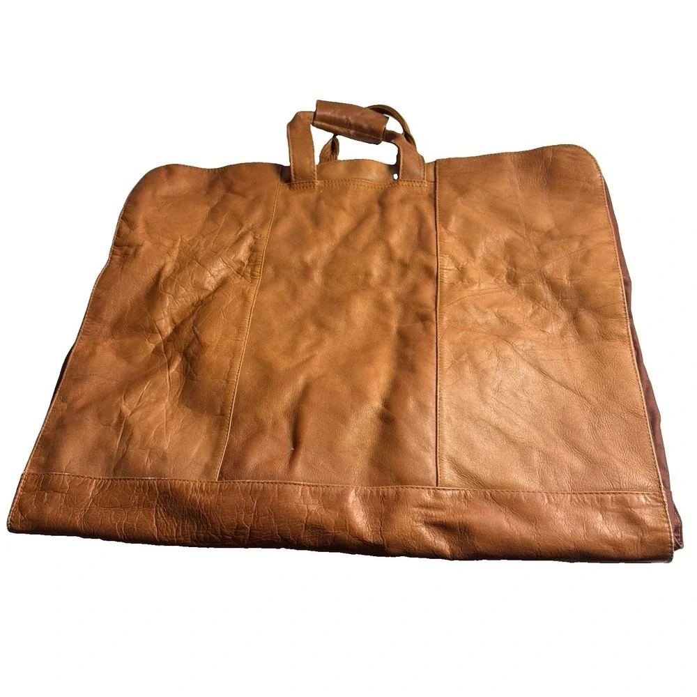 Vintage 100% Leather Garment Bag Brown Travel Suit Dress Luggage Bi-Fold