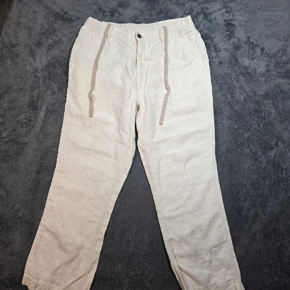 Caribbean Pants Mens 34x30 100% Linen Beige Oatmeal Drawstring Tropical
