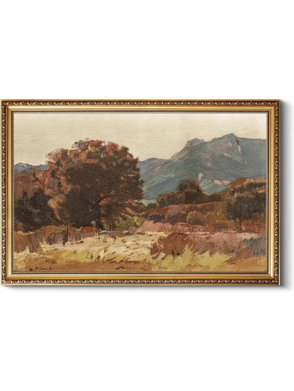 Vintage Gold Framed Canvas Wall Art - Rustic Tree & Village Decor, Home Accent