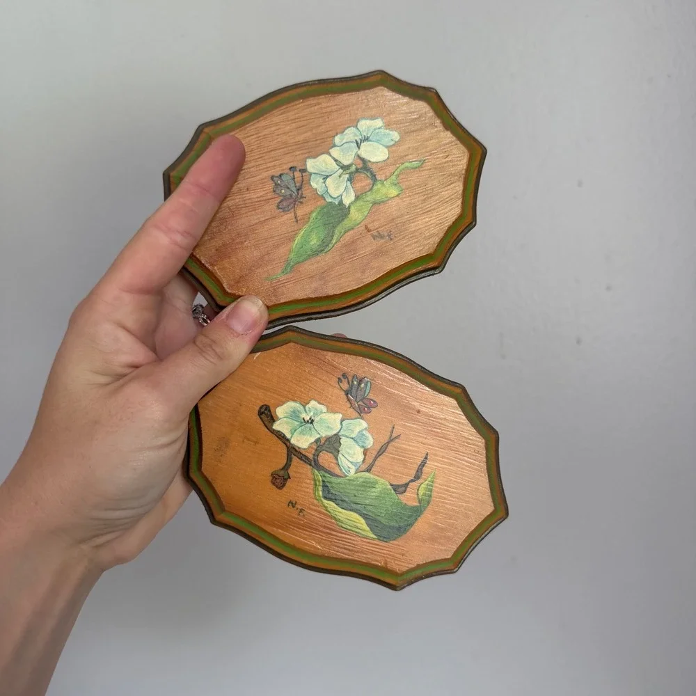 Vintage Hand Painted Floral Wood Plaques Set of 2 Butterfly White Flowers NF