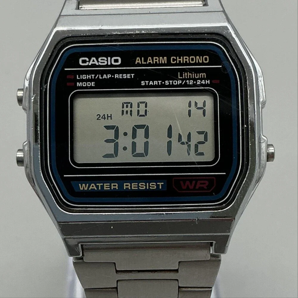 Casio A158W Alarm Chrono Mens Watch 33mm Digital Gray Stainless Bracelet
