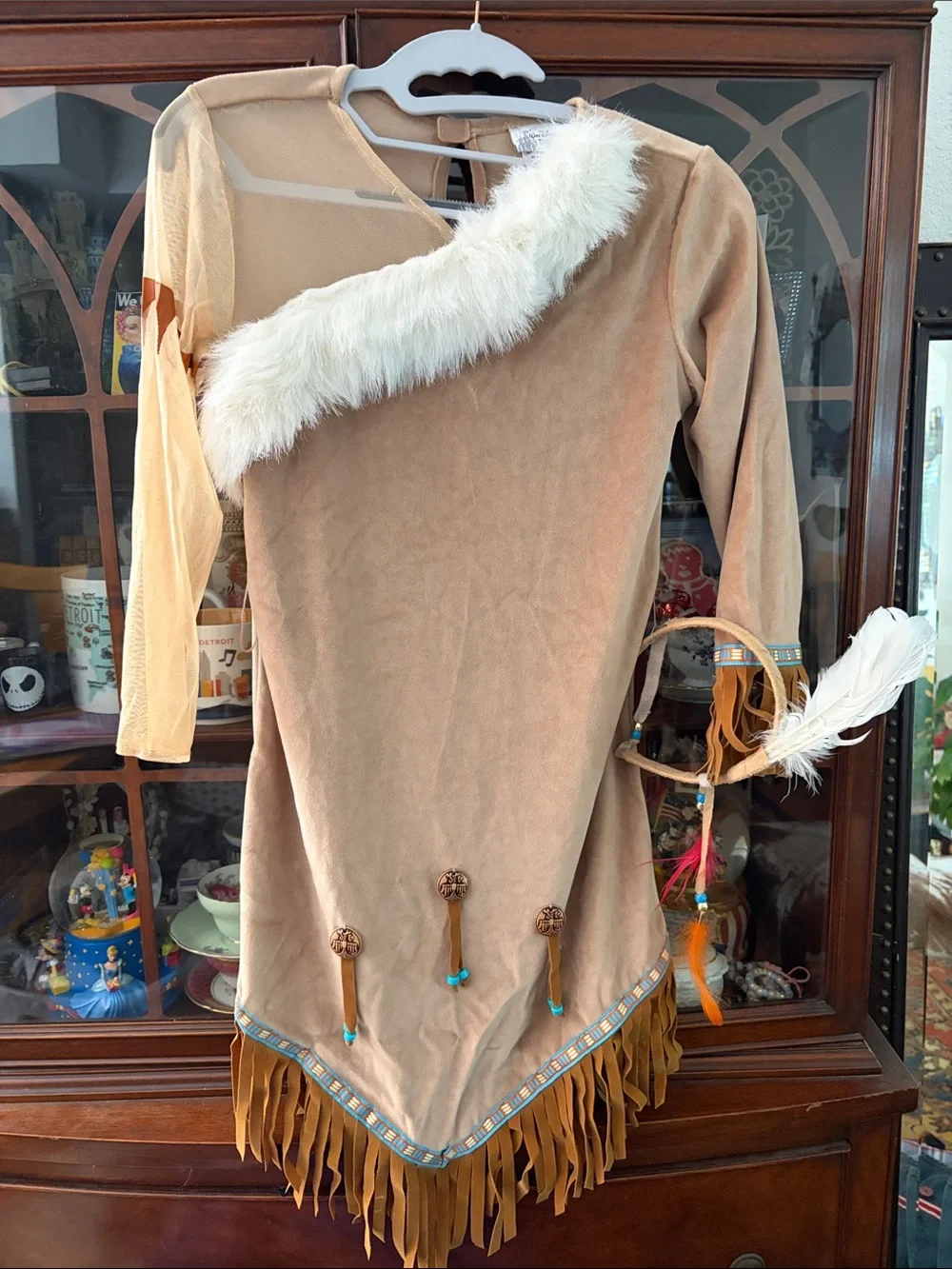 Disney Tan and White Faux-Fur Fringe Dress with Bead & Feather Accents