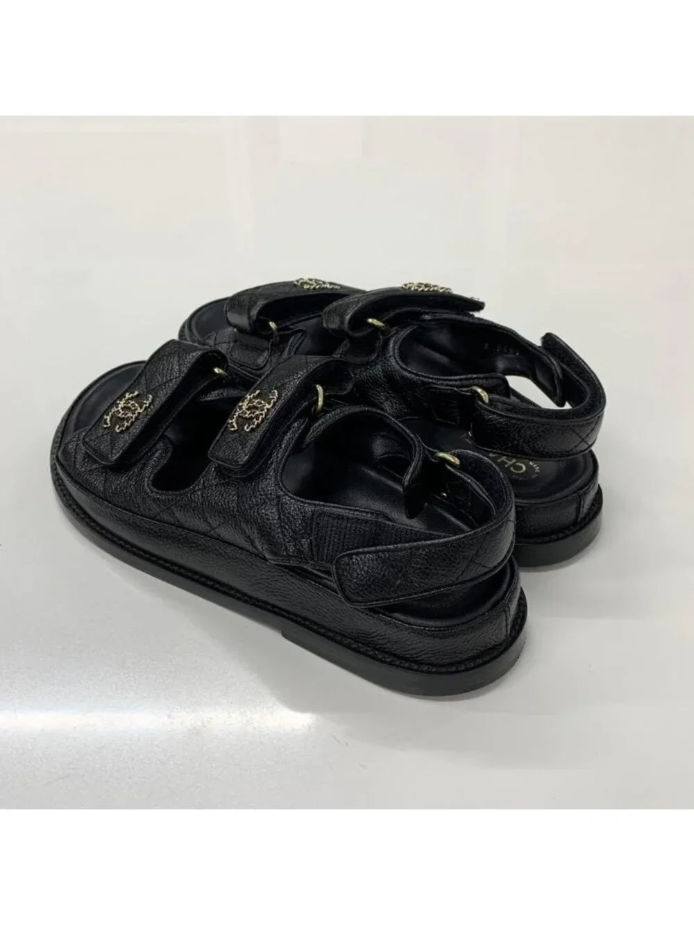 Chanel CC Logo Quilted Leather Chain Velcro Sandals Black