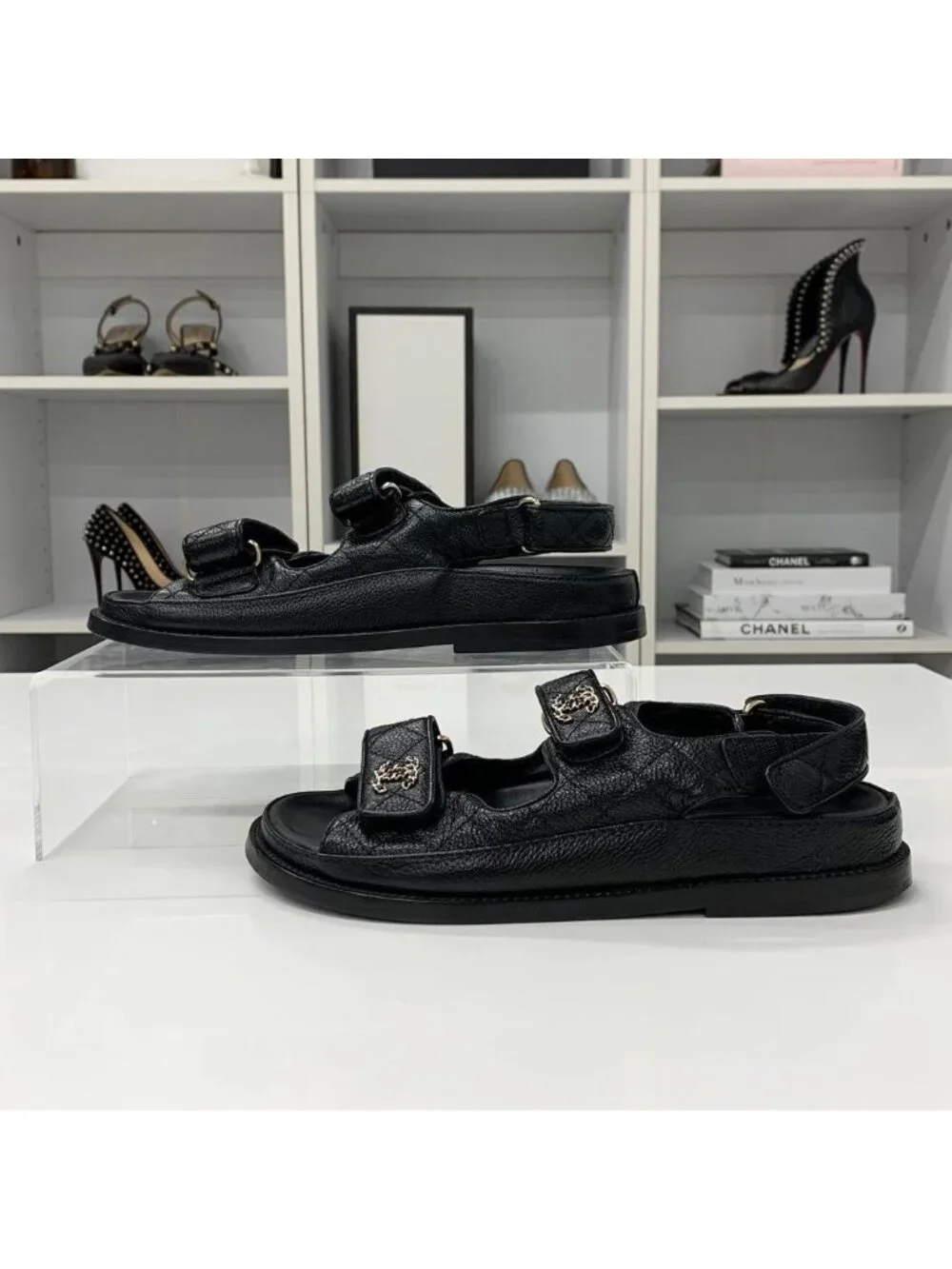 Chanel CC Logo Quilted Leather Chain Velcro Sandals Black