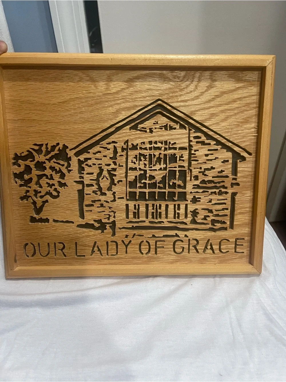 Our Lady of Grace Carved Wooden Plaque - Natural Wood