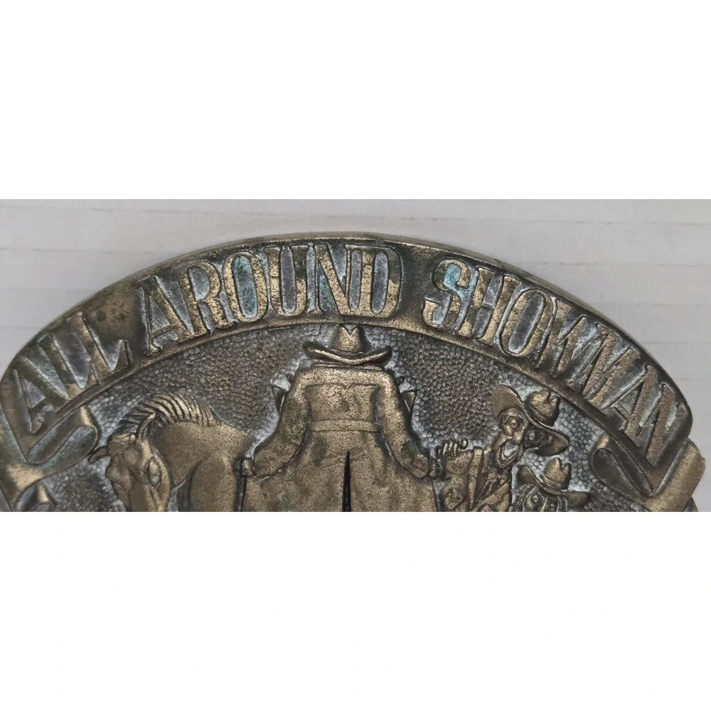 Vtg 1980s ADM All Around Showman Flasher Cowboy Novelty Belt Buckle -Solid Brass
