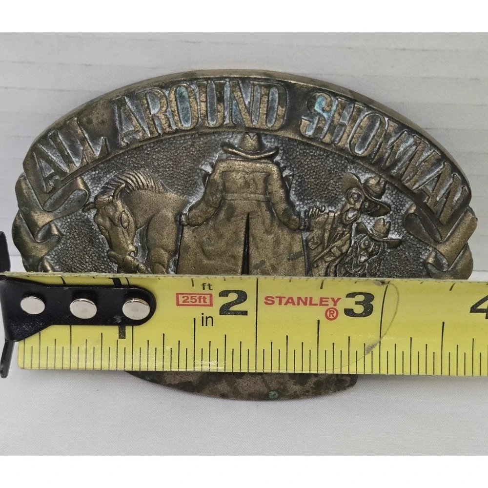 Vtg 1980s ADM All Around Showman Flasher Cowboy Novelty Belt Buckle -Solid Brass