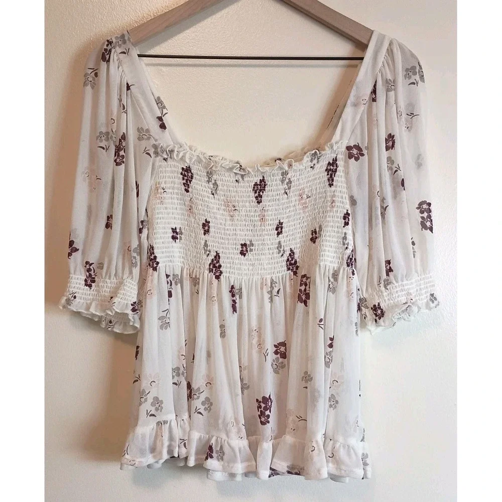 Free People NWT Delta Dawn Floral Mesh Smocked Babydoll Top Ivory Small